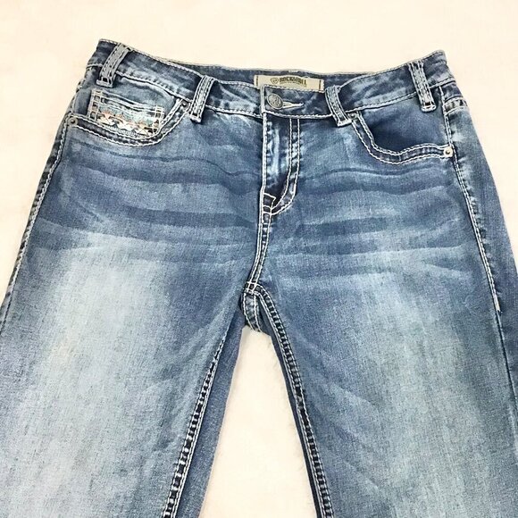 Rock & Roll Denim 28 Long Mid Rise Bootcut Aztec Women’s Jeans Aqua Stretch - Picture 4 of 13